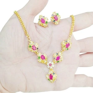 Splendida Collana Oro 24k Rubino Orecchini Gemme Syn.Gp Placcato Gioielli Thailandesi 16 Pollici - Foto 1 di 7