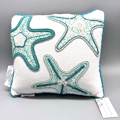 Coastal Collection Beaded Teal Silver Starfish Pillow Beach Ocean Decor 12" - Image 1 of 4
