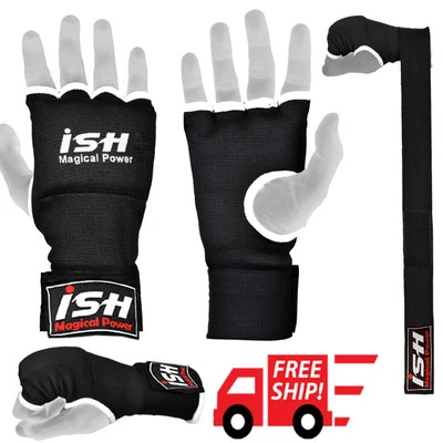 ISH SPORTS Black Gel Padded Inner Gloves Foam with Hand wraps Muay Thai MMA Boxing Bandages