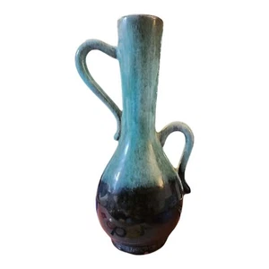 Vaso vintage MCM Canuck Pottery firmato doppio manico smaltato blu e nero 8,25 - Foto 1 di 4