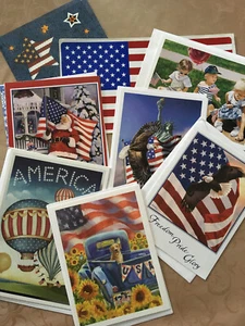 Mixed Lot of 7 July 4th Patriotic Americana Flag Greeting Cards / Flag Sticker - Picture 1 of 1