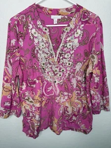Charter Club Tunic Top Womens XL Pink Floral Sequin Embroidery Boho Fairy - Picture 1 of 8