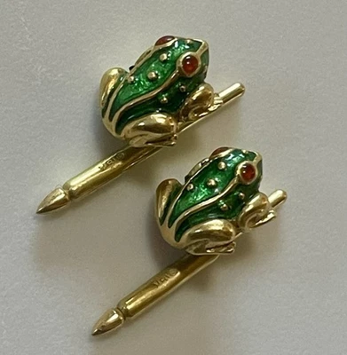 18kt 750 Solid Yellow Gold Tree Frog Red Green Enamel Shirt Studs Pair (2) 7.0g - Image 1 of 4