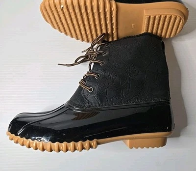 Sporto Black Floral Rain Leather Boots Shoes 11 W Polyester Faux Fur - Image 1 of 4