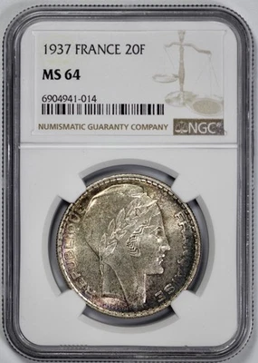 1937 France Silver 20 Franc NGC MS 64 Toned - Image 1 of 4