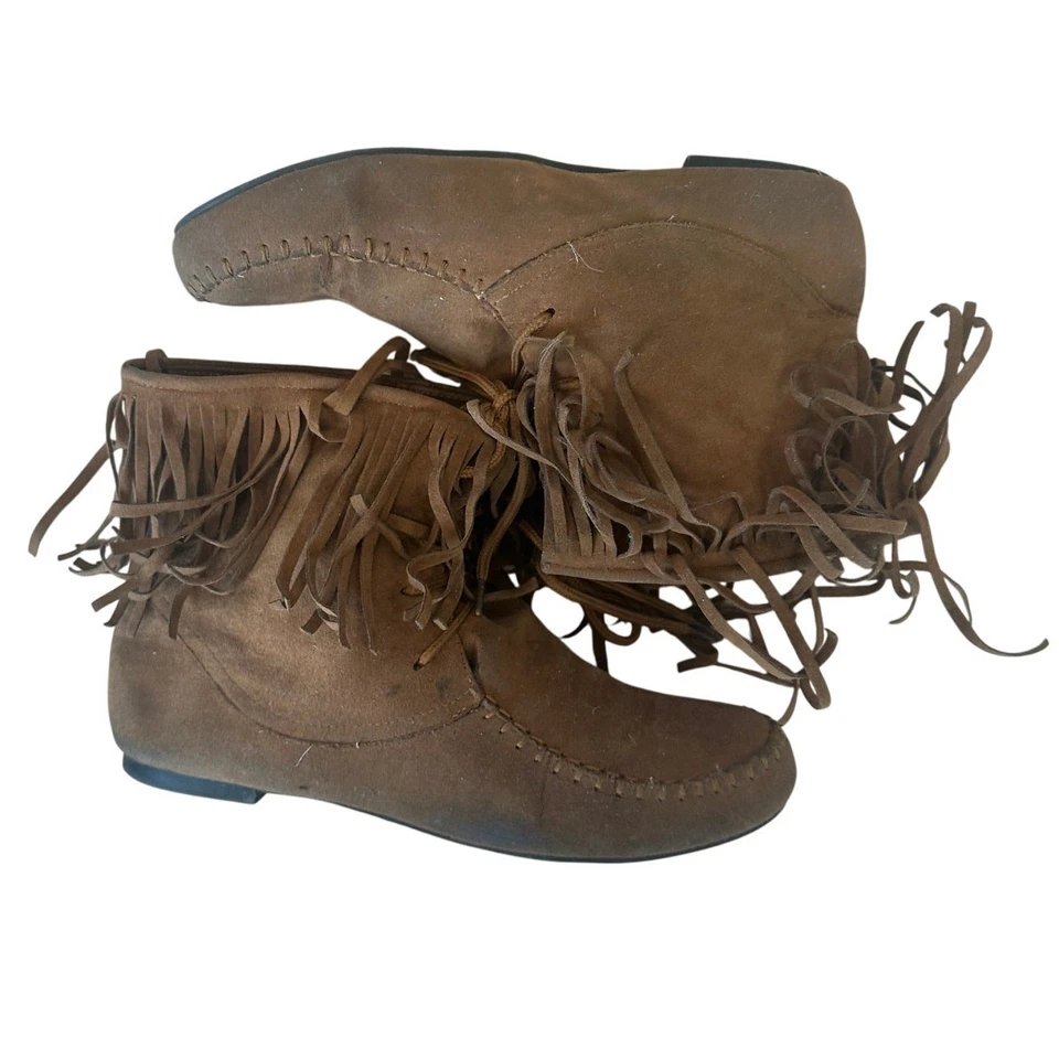 Botín al Tobillo Marrón Occidental TALLA 9 Boho Vaquera Gamuza Cuero Flecos Mocasines Foto 1 de 4