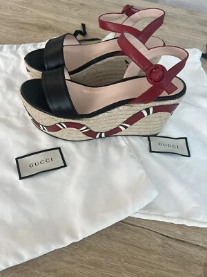 GUCCI  Barbette Snake Appliqué Espadrille Wedge Sandel *Black/Red *Size:IT 38.5 - Image 1 of 4