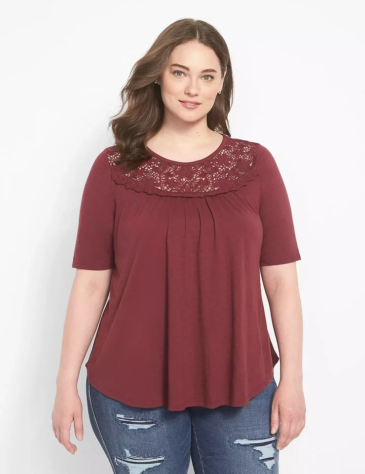 Lane Bryant Womens Plus Size 22/24 Swing Perfect Sleeve Lace Yoke Tee Maroon 395 - Image 1 of 4