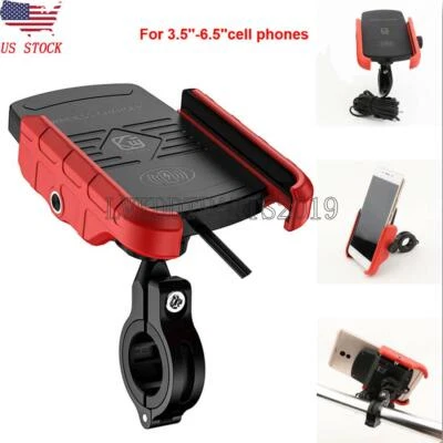 Motorcycle Handlebar Red Cell Phone Holder Mount 15W Fast Wireless USB Charger - Image 1 of 4