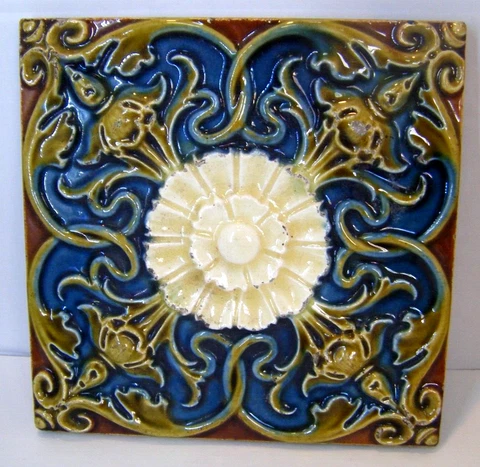 Antique Tile Majolica Art Nouveau Tube Lined Floral Architectural Single 6 x 6'' Cover