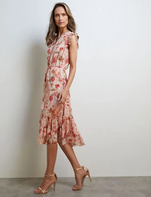 Midi Dress LIZ JORDAN Size 16 Evening Tie Waist Pink Floral Chiffon NEW RP$190 - image 1 of 4