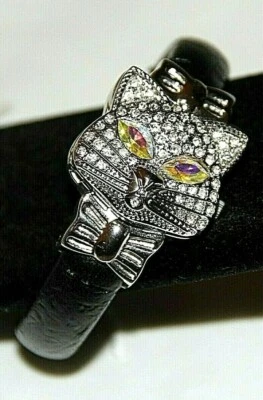 Hidden Watch Cuff Bracelet, Embassy Gruen, Rhinestone Cat Bow Tie, Black, Silver - Image 1 of 4
