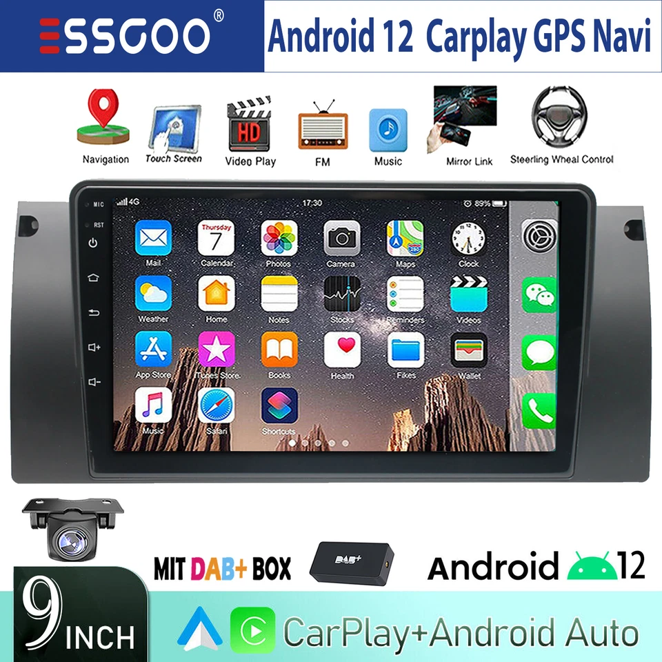DAB+ Android 12 Autoradio Carplay GPS Navi RDS Kamera Für BMW 5er E39 E38 X5 E53 - Bild 1 von 4
