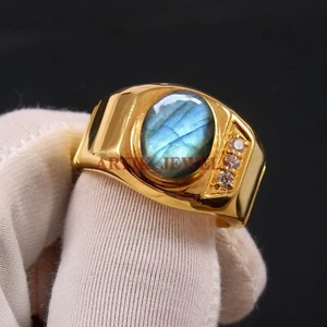 Anillo para hombre de plata de ley 925 chapado en oro con piedras preciosas de labradorita natural #4800 - Imagen 1 de 4
