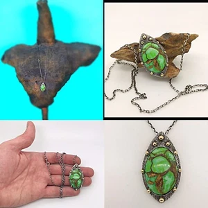 Colgante Boho Hecho a Mano Matriz Verde Piedra Preciosa Turquesa Oro y Plata, Regalo de Amor - Imagen 1 de 9