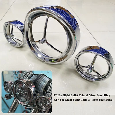 7" Headlight + 4.5 Fog Light Trim Ring Visor Cover For Harley Road Glide Softail - Image 1 of 4