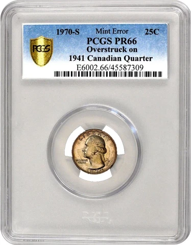 UNIQUE 1970S US Proof Washington 25C Overstruck on a 1941 Canadian 25C PCGS PR66 Cover