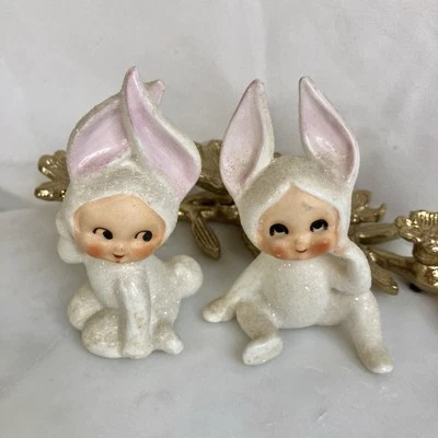 Vintage Ceramic Lefton Snow Baby Bunny Figurines Pixie Made In Japan - Image 1 of 4