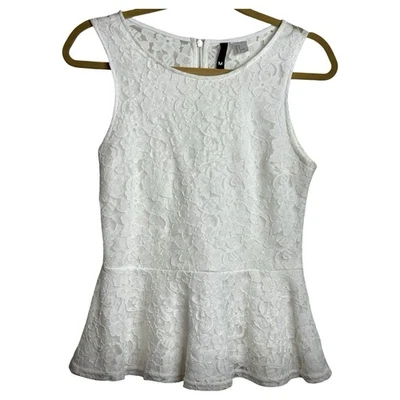 H&M Divided Lace Peplum Top M White Floral Textured Sleeveless Tank - Image 1 of 4