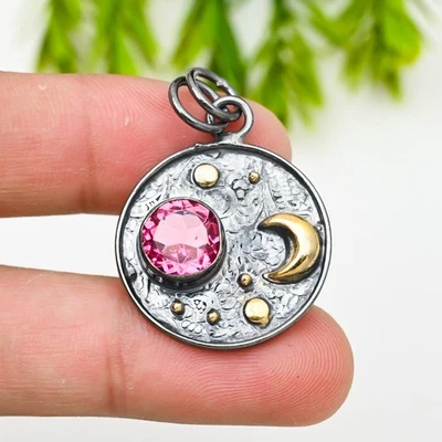 Colgante de joyería de plata de ley 925 hecha a mano con piedras preciosas de turmalina rosa regalo para Foto 1 de 4