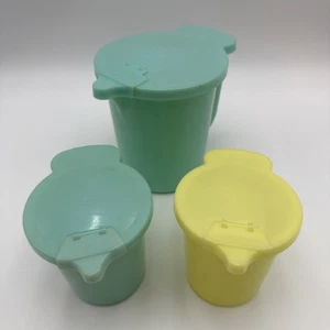 VTG Tupperware Creamers Milk Flip Top Snap On Lids Yellow Mint 574 131 Set Of 3 - Picture 1 of 7