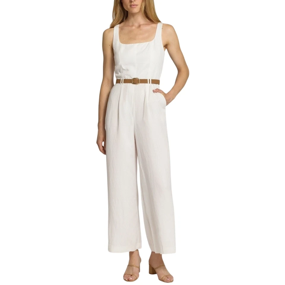 Macacão Mango plissado frontal com cinto branco - Imagem 1 de 4