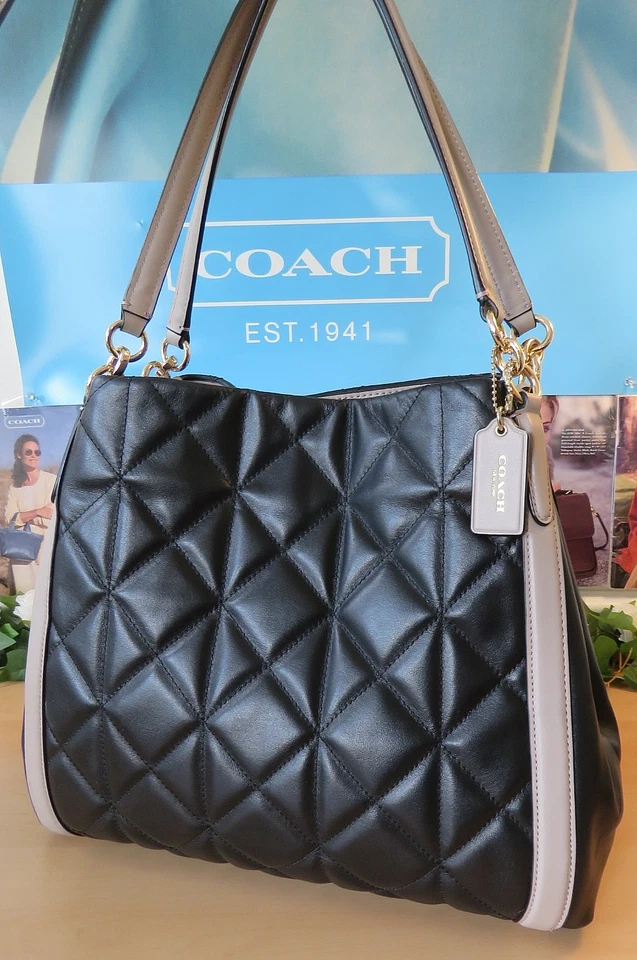 Elegante! BOLSO DE HOMBRO COACH ACOLCHADO NEGRO con ribete beige-triple comparación Foto 1 de 4