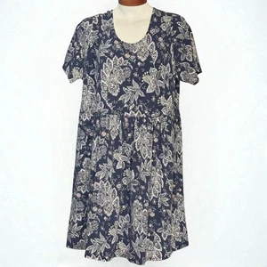 Lands' End Paisley Blue Midi Dress 3X / 24-26 Pleated Waist Short Sleeve Pockets - Picture 1 of 11
