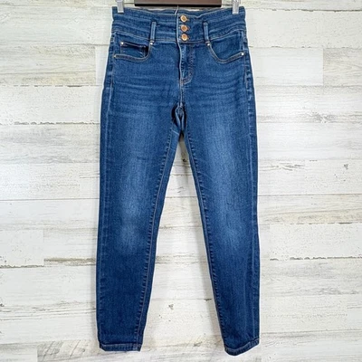 Jeans skinny Ann Taylor feminino tamanho 4 azul lavagem média cintura alta botão triplo - Imagem 1 de 4