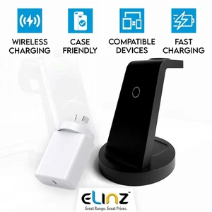 3-in-1 Wireless Charging Station iPhone Apple Watch AirPods Black Power Adapter - Picture 1 of 2