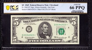 1969 $5 FEDERAL RESERVE STAR NOTE CLEVELAND FR.1969-D* PCGS B GEM UNC 66 PPQ - Picture 1 of 2