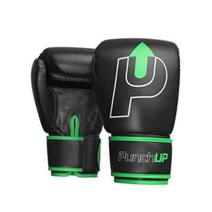 PunchUP Boxing Gloves Men & Women, Genuine Cowhide Leather 14 oz Black / Green - Picture 1 of 7