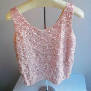 VTG No Brand SZ 38 Pink Beaded Sleeveless Blouse 100% Wool Made in Hong Kong - Picture 1 of 5