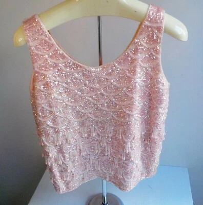 Blusa sin mangas con cuentas rosa talla 38 sin marca de colección 100 % lana hecha en Hong Kong Foto 1 de 4