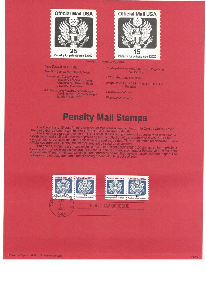 USPS Souvenir First Day Of Issue Commemorative Stamp 6/11/88 Penalty mail - Image 1 of 1