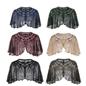 Lady Sequin Cardigan Open Shrug Poncho Bolero Cape Tops Poncho 1920s Retro Blue - Picture 1 of 18