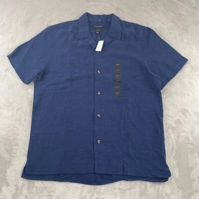 Banana Republic Satin Shirt Men Large Navy Blue Linen Blend Loop Collar NWT $75 - Image 1 of 4