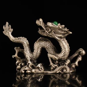 3.9'' Tibet Silver Handcarved Auspicious Beast Wealth Animal Dragon Statue Decor - Picture 1 of 7