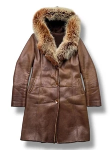 Vintage Real Sheepskin Coat With Real Fur Hood Women's Size S - Imagen 1 de 7