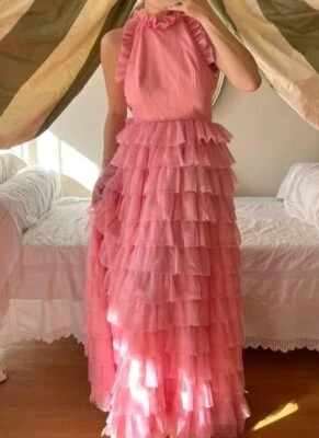 Vestido halter rosa con volantes en niveles de 70 de colección vestido de noche vacaciones ¡¡OFERTA DE GRATITUD!!! Foto 1 de 4