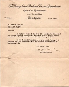 1938 Pennsylvania Railroad Pension Dept Letter PRR Railroad Retirement Ephemera - Picture 1 of 2