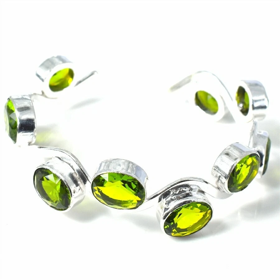 Green Peridot Gemstone 925 Sterling Silver Jewelry Adjustable Cuff Bracelet - Image 1 of 1