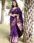 Fioletowa damska odzież świąteczna miękkie banarasi jedwabne sari ze złotym Zari Work