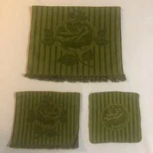 Vintage Retro FIELDCREST Green Stripe Floral Sculpted Cotton Towel Set Fringed - Imagen 1 de 6