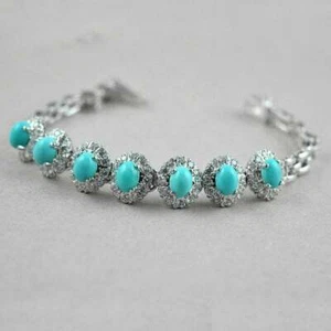 8 CT Blue Turquoise & CZ 935 Silver Charms Tennis 7.5" Bracelet White Gold Over - Picture 1 of 6