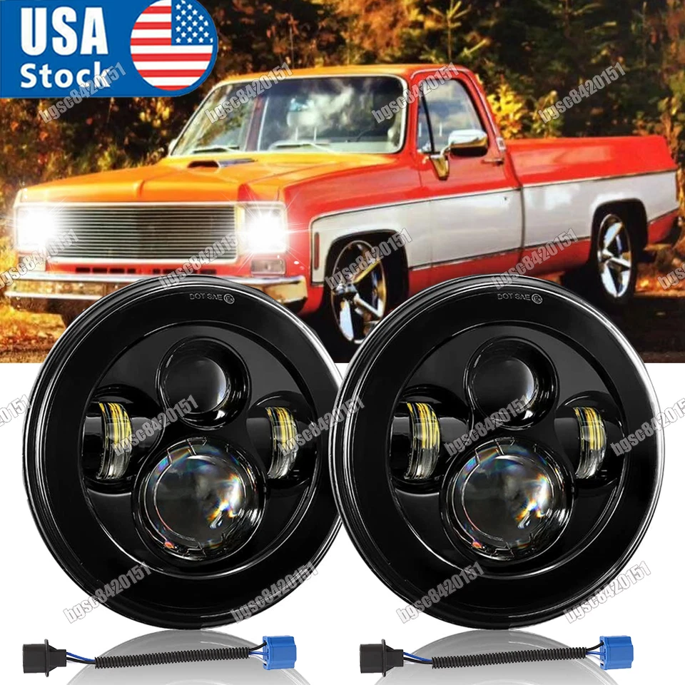 2Pc Fit GMC C15 C25 G15 Deluxe Truck 7" Round LED Headlights Halo Ring DRL 200W - Image 1 of 4