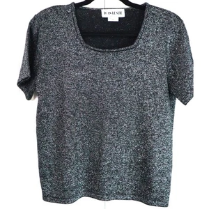 Vintage 90s Joan Leslie Black Metallic Boxy Cropped Short Sleeve Shirt Blouse M - Picture 1 of 8