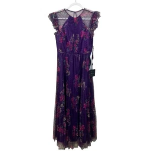 IEENA MAC DUGGAL FLORAL FLUTTER SLEEVE MIDI DRESS 2 Pleated Dot Tulle Gown - Picture 1 of 10