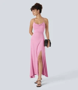 Neu mit Etikett Halara geripptes Midikleid Wasserfallausschnitt Schnürung S - Bild 1 von 11