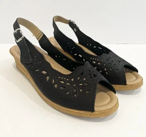 Spring Step Sandal Womens Black Orella Peep Toe Slingback Wedge 41 EU /10.5 US - Picture 1 of 12